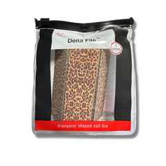 Mia Beauty Delta Fingernail Files in leopard print shown in zippered storage pouch