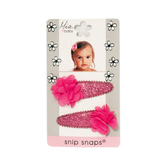 Mia® Baby Snip Snaps® with Chiffon flowers attached - hot pink and hot pink flowers - shown on packaging - invented by #MiaKaminski #MiaBeauty #Mia #Beauty #Baby #hair #hairaccessories #hairclips #hairbarrettes #love #life #girl #woman