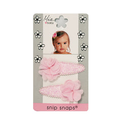 Mia® Baby Snip Snaps® with Chiffon flowers attached - light pink and light pink flowers - shown on packaging - invented by #MiaKaminski #MiaBeauty #Mia #Beauty #Baby #hair #hairaccessories #hairclips #hairbarrettes #love #life #girl #woman