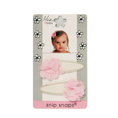 Mia® Baby Snip Snaps® with Chiffon flowers attached - white and light pink flowers - shown on packaging - invented by #MiaKaminski #MiaBeauty #Mia #Beauty #Baby #hair #hairaccessories #hairclips #hairbarrettes #love #life #girl #woman