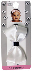 Mia® Baby Frayed Satin Bow Headband - white bow on black band- shown on packaging w/ #EllaOnBeauty model - invented by #MiaKaminski #MiaBeauty #Mia #Beauty #Baby #hair #hairaccessories #headbands #bows #love #life #girl #woman