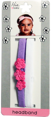 Mia® Baby Headbands Terry Cloth with Crocheted Flowers - purple with hot pink flowers and solid white colors - shown on packaging - invented by #MiaKaminski #MiaBeauty #Mia #Beauty #Baby #hair #hairaccessories #hairclips #hairbarrettes #love #life #girl #woman
