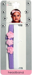 Mia® Baby Headbands Terry Cloth with Crocheted Flowers - purple with light pink flowers and solid white colors - shown on packaging - invented by #MiaKaminski #MiaBeauty #Mia #Beauty #Baby #hair #hairaccessories #hairclips #hairbarrettes #love #life #girl #woman