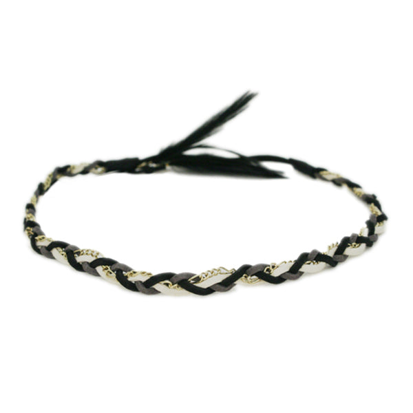 Braided Suede Headband with Feathers - Black