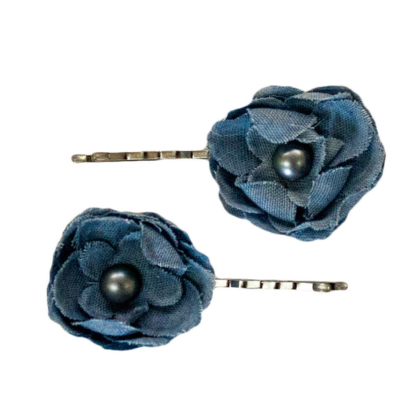 Bobby Pins With Flowers - Denim Blue
