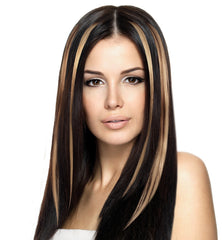 Mia® Clip-n-Color®, Clip On Hair Extension – synthetic wig hair  - dark brown color - shown in model's hair - designed by #MiaKaminski of #MiaBeauty #Mia #Beauty #HairAccessories #SyntheticWigHair #extensions 
