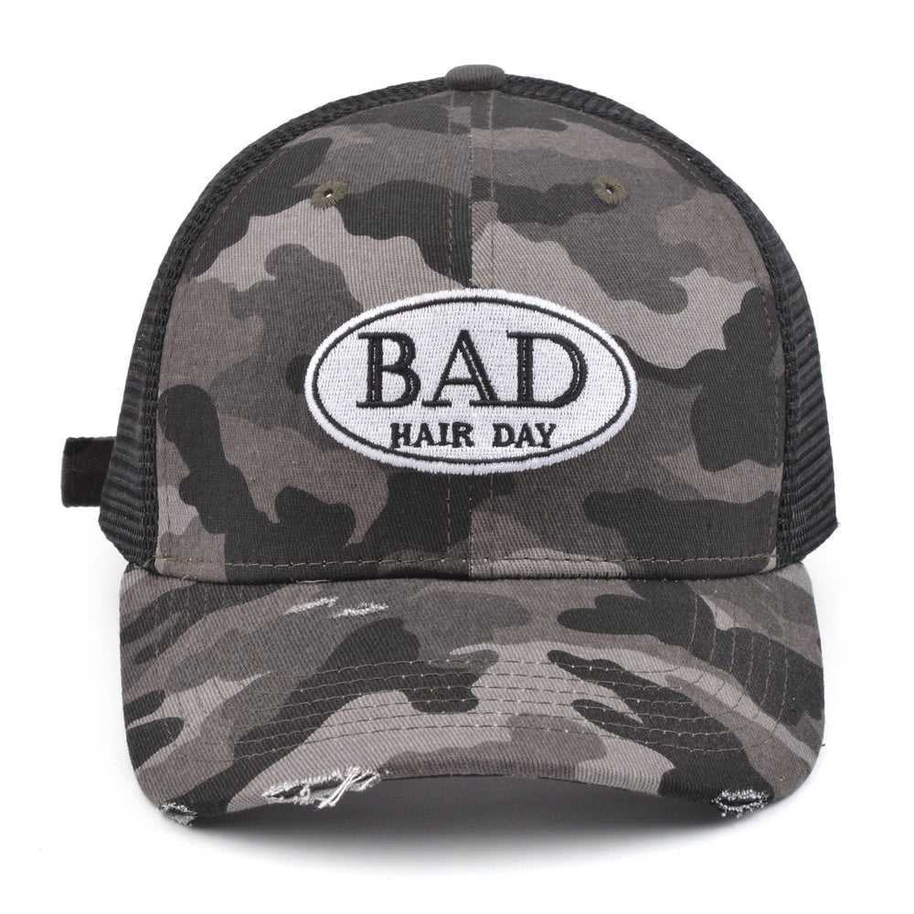 Mia Beauty "Bad Hair Day" distressed camouflage trucker hat baseball cap with ponytail slot