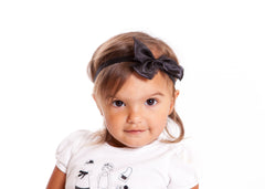 Mia® Baby Frayed Satin Bow Headband - black bow on black band- shown on #EllaOnBeauty model - invented by #MiaKaminski #MiaBeauty #Mia #Beauty #Baby #hair #hairaccessories #headbands #bows #love #life #girl #woman