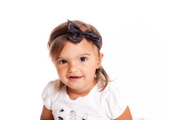 Mia® Baby Frayed Satin Bow Headband - black bow on black band- shown on model #EllaOnBeauty - invented by #MiaKaminski #MiaBeauty #Mia #Beauty #Baby #hair #hairaccessories #headbands #bows #love #life #girl #woman
