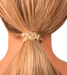 Mia® Braided Tonytail® ponytail wrap made of synthetic wig hair - patented - blonde on model - invented by #MiaKaminski CEO of Mia® Beauty