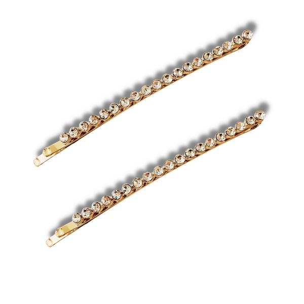 Long Curved Rhinestone Bobby Pins - gold + clear