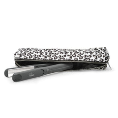 Mia® Professional Straightening Iron electrical hair straightening iron with 1 inch titanium plates by #MiaKaminski of Mia Beauty - shown half inside the leopard Cool It pouch
