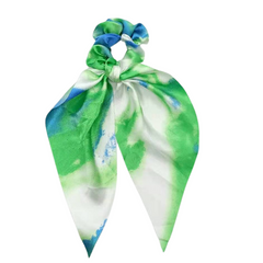 Mia Beauty Scrunchie with long wide removable tie in green, blue and white tie dye print