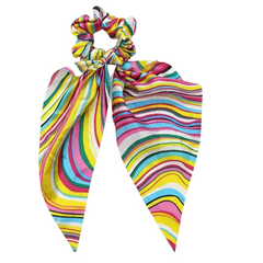 Mia Beauty Scrunchie with long wide ties in rainbow whimsical striped print