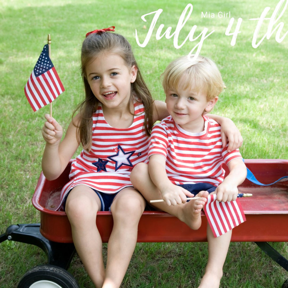 Mia Girl July 4th banner girl and boy in red, white and blue