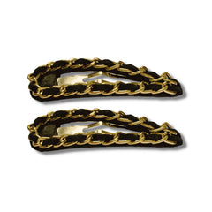 Mia Beauty Snip Snaps in black suede and yellow gold chain top view