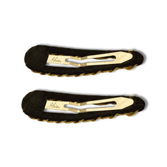Mia Beauty Snip Snaps in black suede and yellow gold chain bottom view