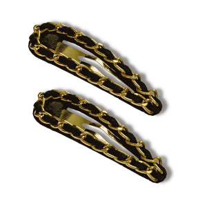 Mia Beauty Snip Snaps in black suede and yellow gold chains top view