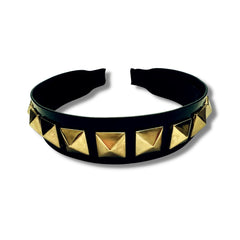 Mia Beauty Studded Leather Headband in black with yellow gold metal studs top view