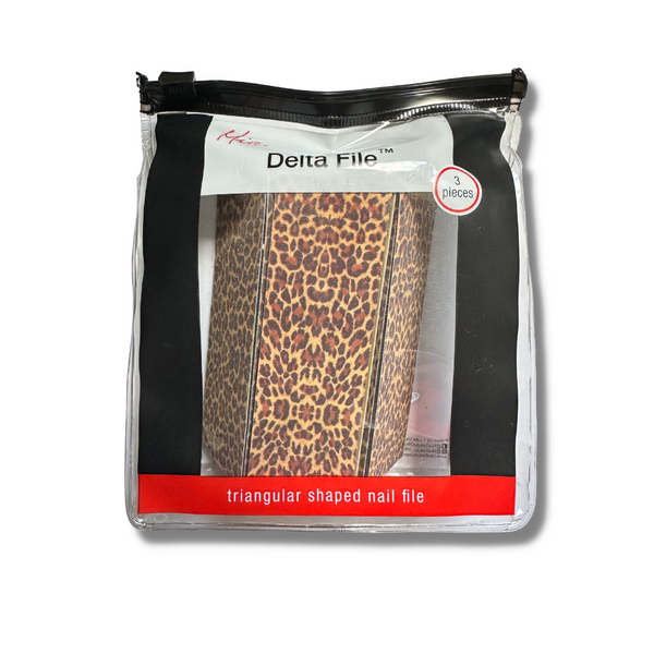 Mia Beauty Delta Fingernail Files in leopard print shown in zippered storage pouch