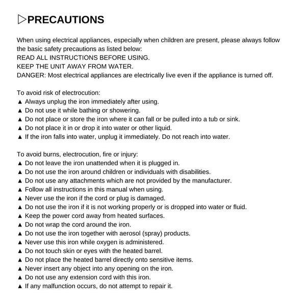  Mia Beauty Delta Iron Instructions for Use Precautions