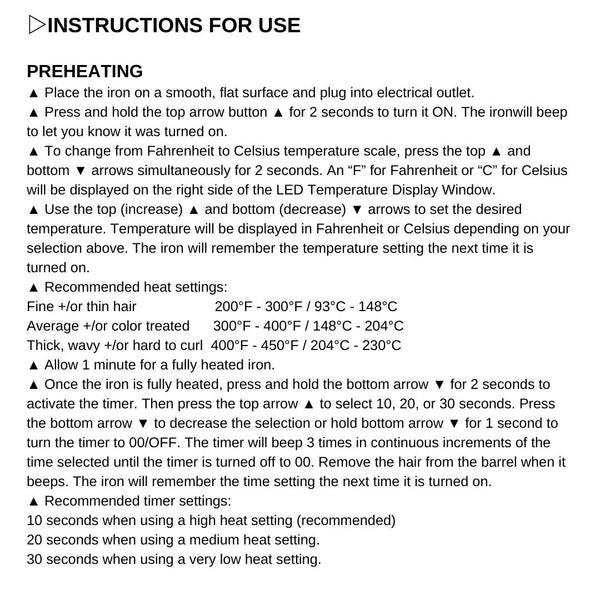Mia Beauty Delta Iron Instructions for Use Preheating