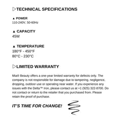 Mia Beauty Delta Iron Instructions for Use Technical Specifications