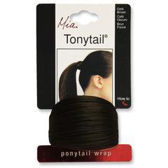 Mia® Tonytail® ponytail wrap- synthetic wig hair - dark brown - on packaging - patented by #MiaKaminski CEO of Mia® Beauty