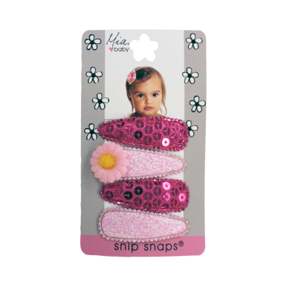 Mia® Baby Snip Snaps® with daisy - hot pink and light pink colors - shown on packaging - invented by #MiaKaminski of #MiaBeauty