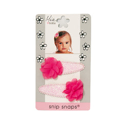 Mia® Baby Snip Snaps® with Chiffon flowers attached - light pink and hot pink flowers - shown on packaging - invented by #MiaKaminski #MiaBeauty #Mia #Beauty #Baby #hair #hairaccessories #hairclips #hairbarrettes #love #life #girl #woman