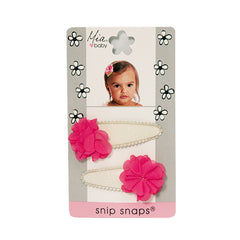 Mia® Baby Snip Snaps® with Chiffon flowers attached - white and hot pink flowers - shown on packaging - invented by #MiaKaminski #MiaBeauty #Mia #Beauty #Baby #hair #hairaccessories #hairclips #hairbarrettes #love #life #girl #woman
