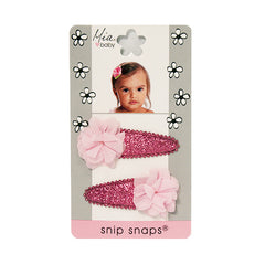 Mia® Baby Snip Snaps® with Chiffon flowers attached - hot pink and light pink flowers - shown on packaging - invented by #MiaKaminski #MiaBeauty #Mia #Beauty #Baby #hair #hairaccessories #hairclips #hairbarrettes #love #life #girl #woman