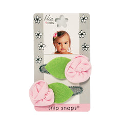 Mia Baby Snip Snaps with jersey material, jersey flower with a felt leaf - shown on packaging - Mia Beauty, deisgned by Mia Kaminski