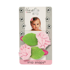Mia Baby Snip Snaps with jersey material, jersey flower with a felt leaf - shown on packaging - Mia Beauty, deisgned by Mia Kaminski
