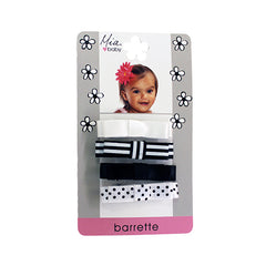 Mia® Baby Satin Barrettes - black and white mixed prints - shown on packaging - invented by #MiaKaminski #MiaBeauty #Mia #Beauty #Baby #hair #hairaccessories #hairclips #hairbarrettes #love #life #girl #woman