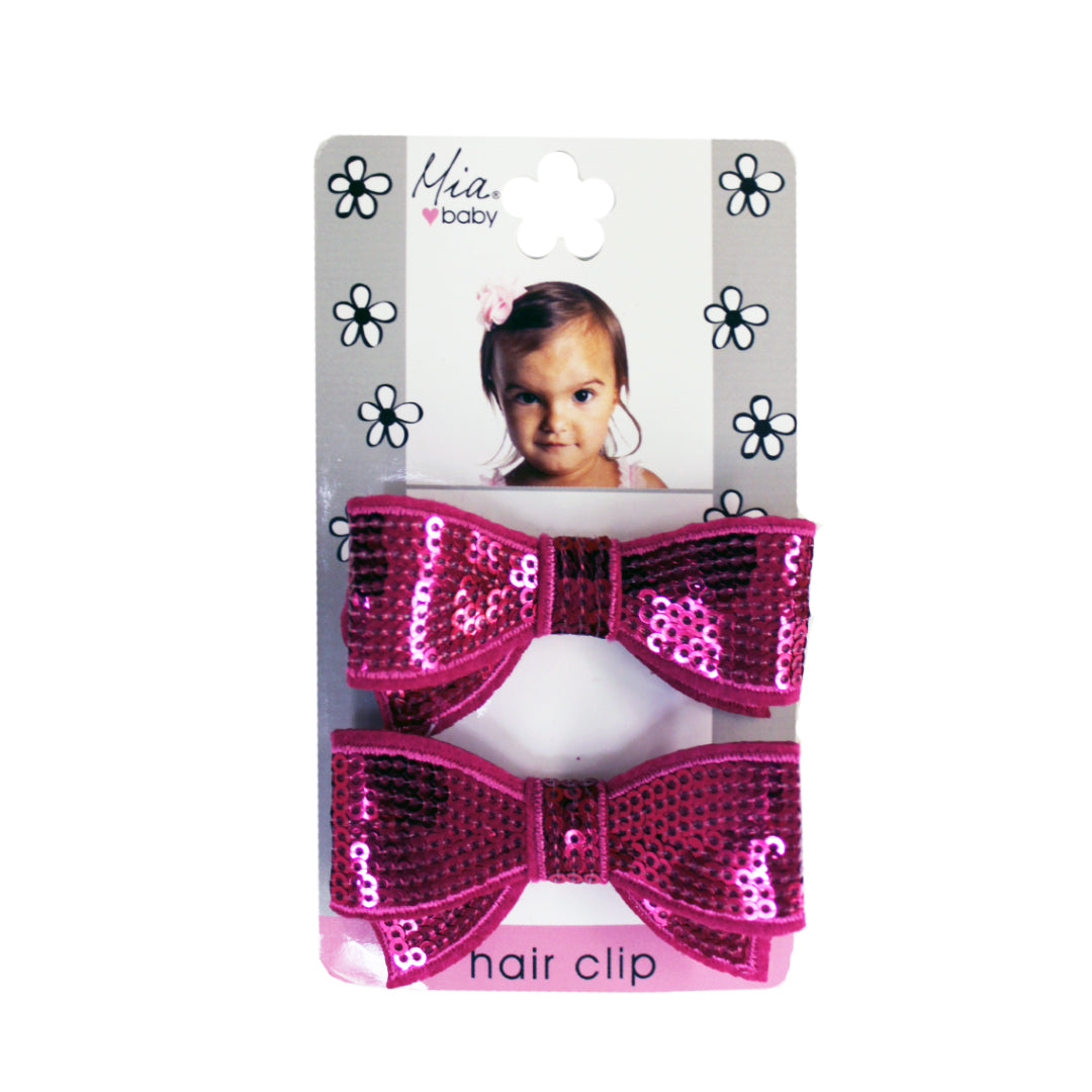 Sequin Bow Hair Clips - Hot Pink
