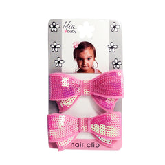 Sequin Bow Hair Clips - Hot Pink