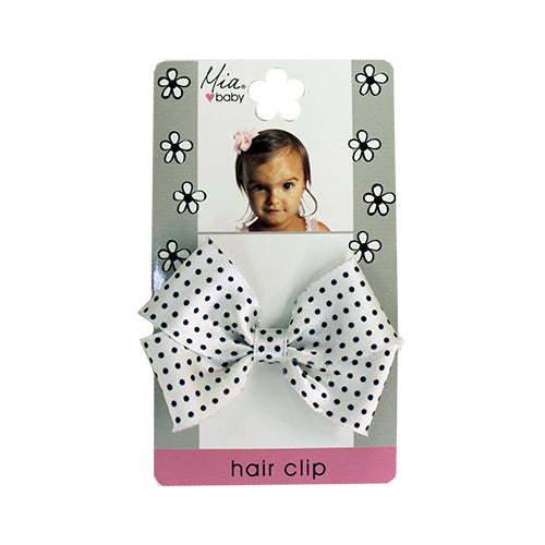 Mia® Baby Satin Frayed Bow Hair Clip - white with black polka dots - designed by #MiaKaminski of Mia Beauty