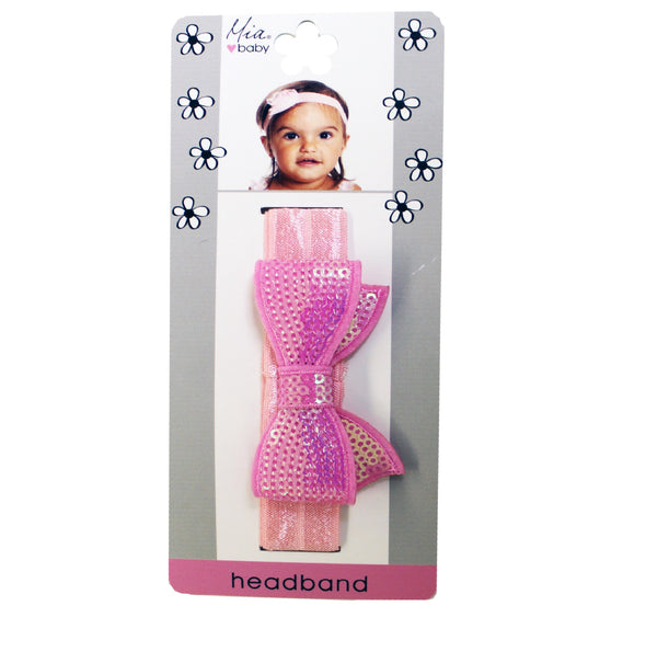 Mia® Baby Sequins Bow Headband - light pink color - shown on packaging - invented by #MiaKaminski #MiaBeauty #Mia #Beauty #Baby #hair #hairaccessories #headbands #babyheadbands #hairaccessoriesforgirls #hairclips #hairbarrettes #love #life #girl #woman