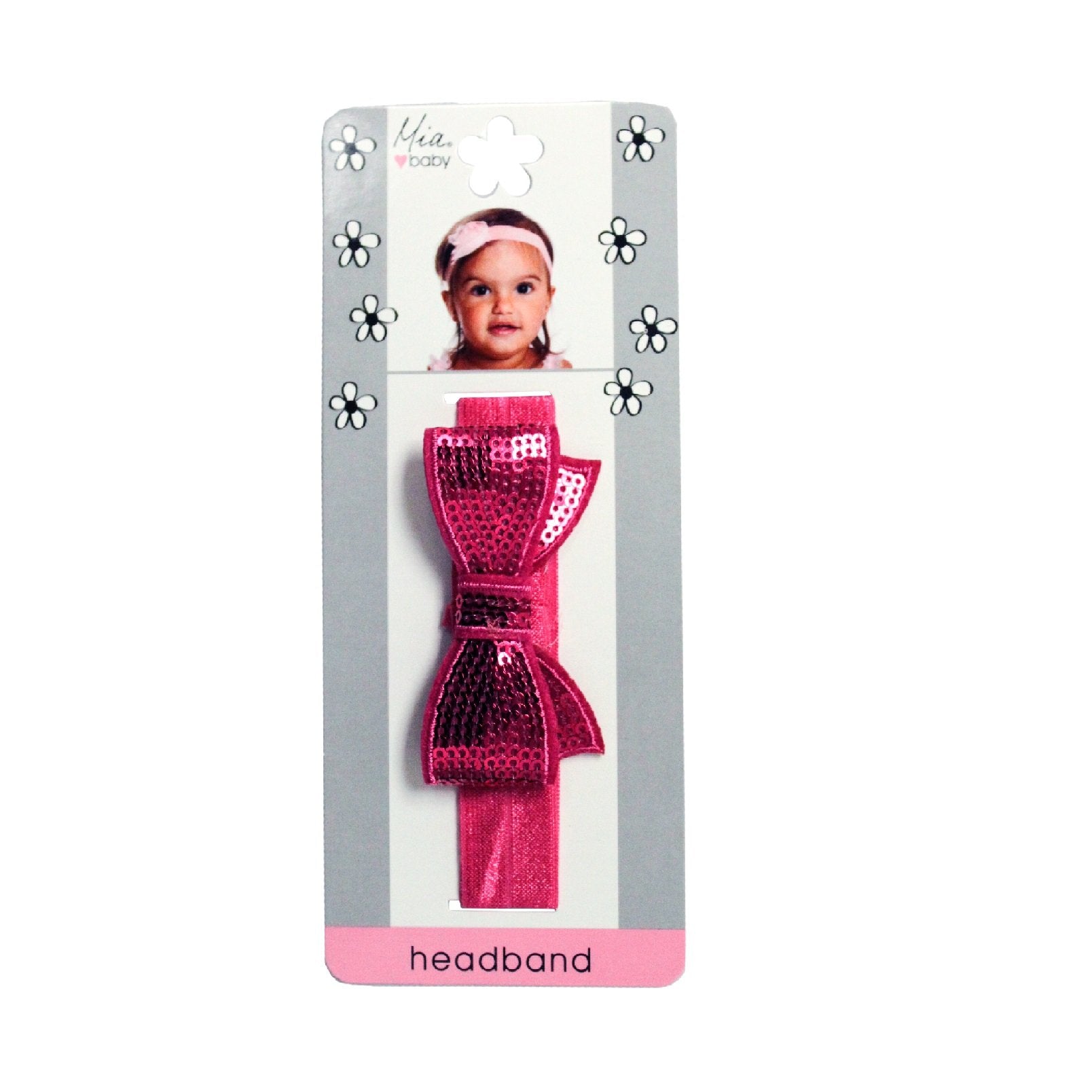Mia® Baby Sequins Bow Headband - hot pink color - shown on packaging - invented by #MiaKaminski #MiaBeauty #Mia #Beauty #Baby #hair #hairaccessories #headbands #babyheadbands #hairaccessoriesforgirls #hairclips #hairbarrettes #love #life #girl #woman