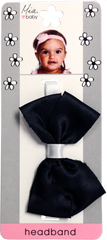 Mia® Baby Frayed Satin Bow Headband - black bow and white band- shown on packaging w/ #EllaOnBeauty model - invented by #MiaKaminski #MiaBeauty #Mia #Beauty #Baby #hair #hairaccessories #headbands #bows #love #life #girl #woman