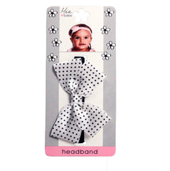 Mia® Baby Frayed Satin Bow Headband - black and white polka dot bow with black headband - shown on packaging - invented by #MiaKaminski #MiaBeauty #Mia #Beauty #Baby #hair #hairaccessories #headbands #bows #love #life #girl #woman