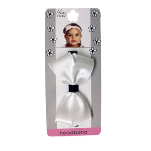 Mia® Baby Frayed Satin Bow Headband - white bow with black headband - shown on packaging - invented by #MiaKaminski #MiaBeauty #Mia #Beauty #Baby #girl #hair #hairaccessories #headbands #bows #love #life #girl #woman