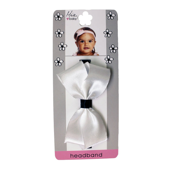 Mia® Baby Frayed Satin Bow Headband - white bow with black headband - shown on packaging - invented by #MiaKaminski #MiaBeauty #Mia #Beauty #Baby #girl #hair #hairaccessories #headbands #bows #love #life #girl #woman