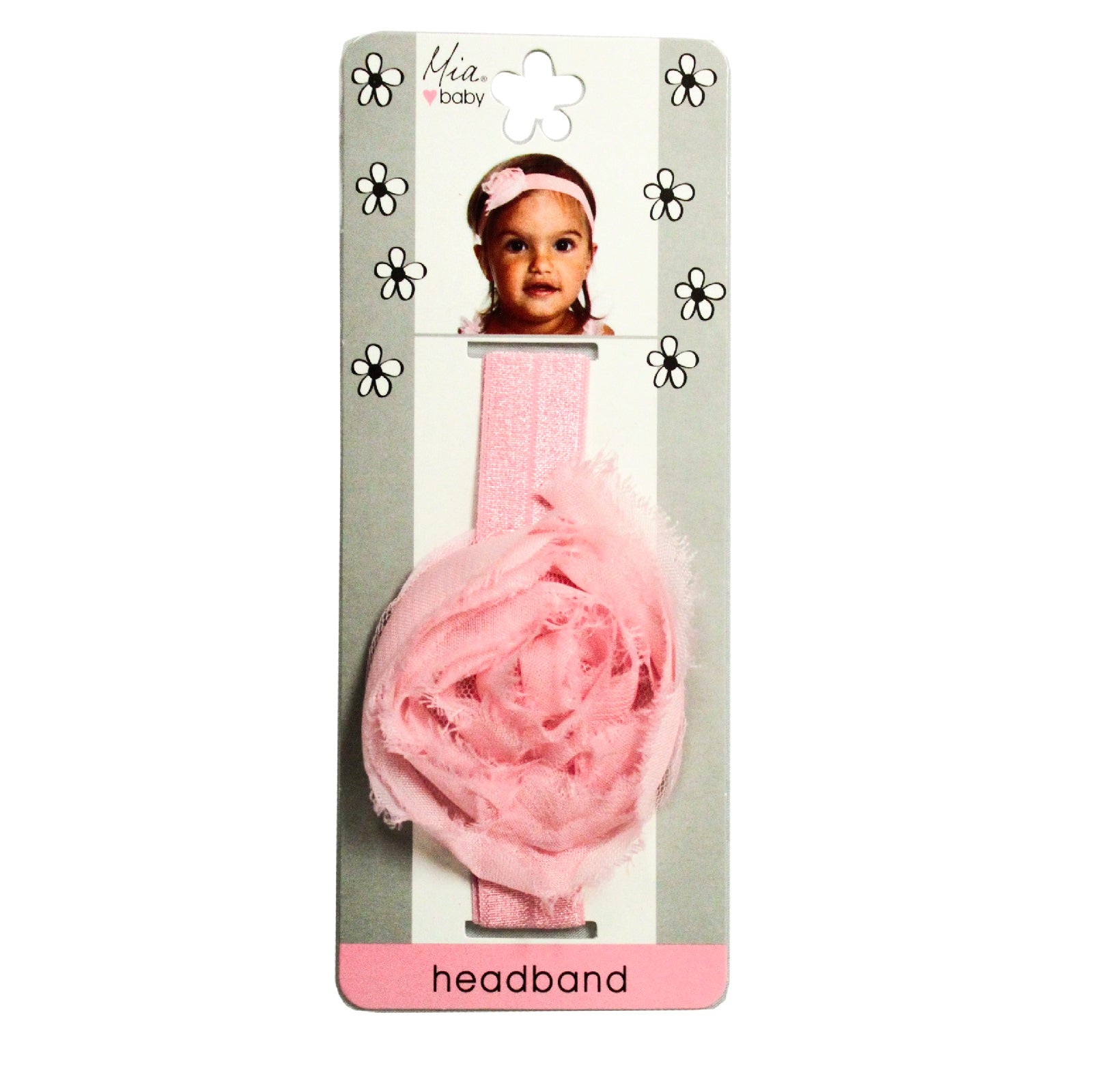 Mia® Baby Headband Organza Rosette Flower - white band with hot pink flower - shown on packaging - invented by #MiaKaminski #MiaBeauty #Mia #Beauty #Baby #hair #hairaccessories #hairclips #hairbarrettes #love #life #girl #woman