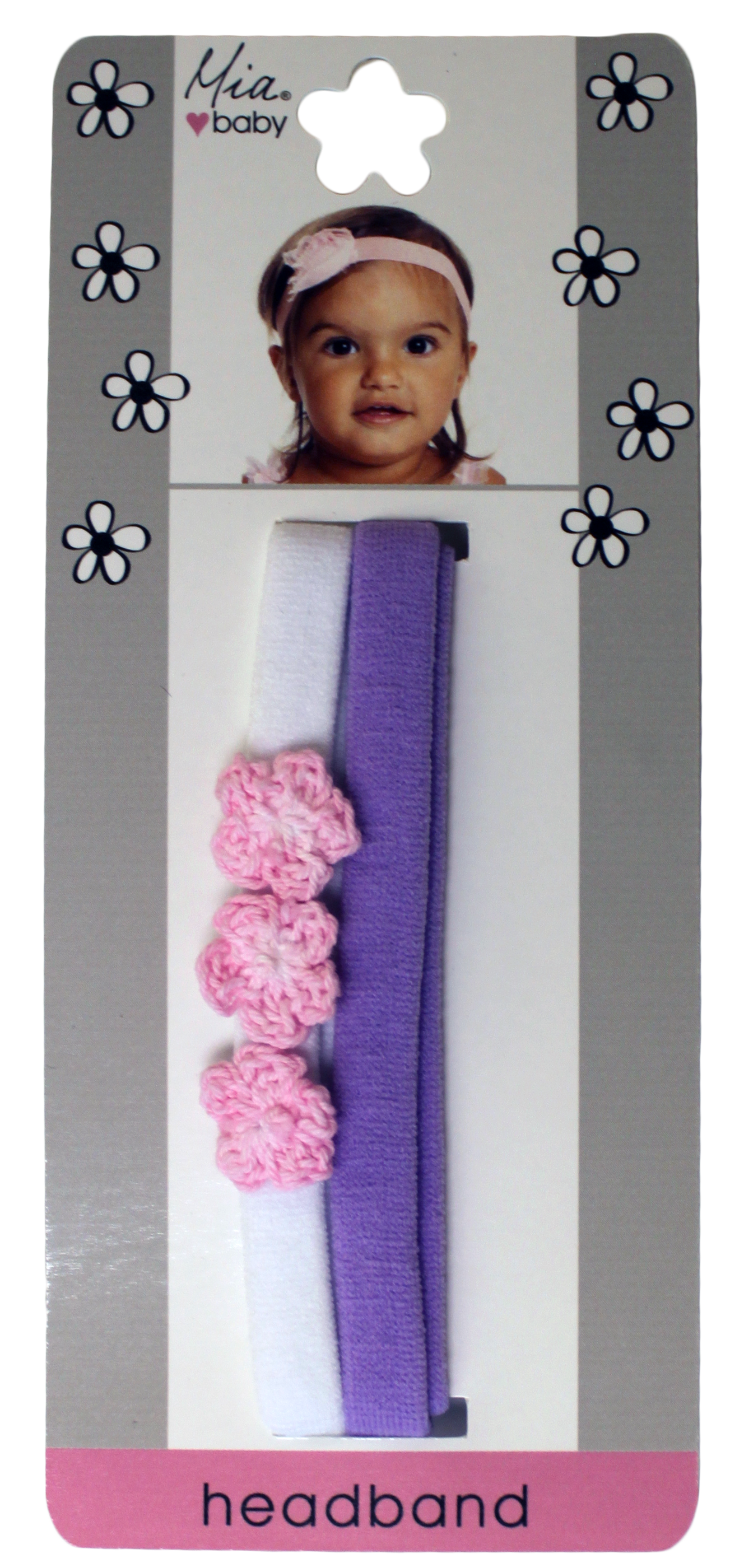 Mia® Baby Headbands Terry Cloth with Crocheted Flowers - white with pink flowers and solid purple colors - shown on packaging - invented by #MiaKaminski #MiaBeauty #Mia #Beauty #Baby #hair #hairaccessories #hairclips #hairbarrettes #love #life #girl #woman