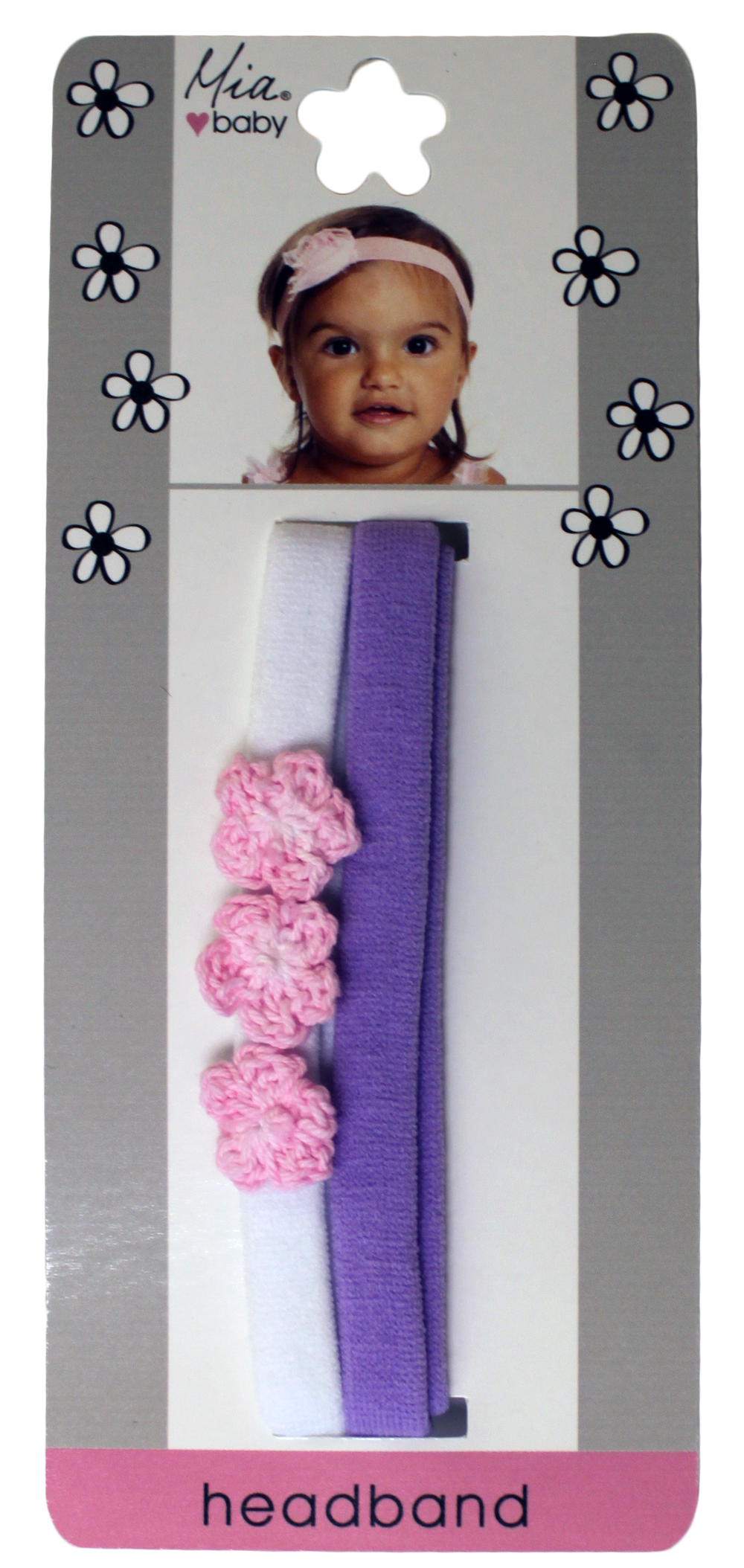 Mia® Baby Headbands Terry Cloth with Crocheted Flowers - white with pink flowers and solid purple colors - shown on packaging - invented by #MiaKaminski #MiaBeauty #Mia #Beauty #Baby #hair #hairaccessories #hairclips #hairbarrettes #love #life #girl #woman