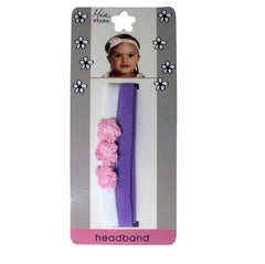 Mia Baby Terrycloth headband with croched flowers - purple, pink, white - shown on packaging - Mia Beauty