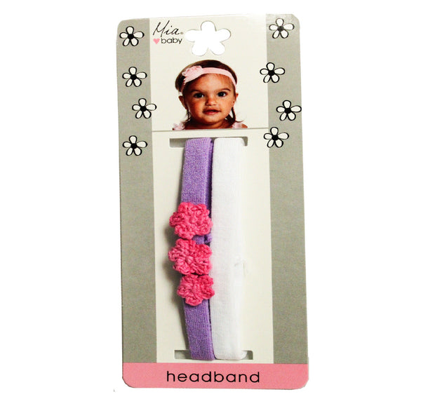 Mia Baby Terrycloth headband with croched flowers - purple, pink, white - shown on packaging - Mia Beauty