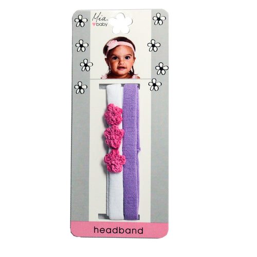 Mia Baby Terrycloth headband with croched flowers - purple, pink, white - shown on packaging - Mia Beauty